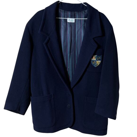 VTG 80's Benetton Blazer Wool Blend SZ 42 Italy Blue Crest Academia Preppy Boxy - Picture 1 of 8
